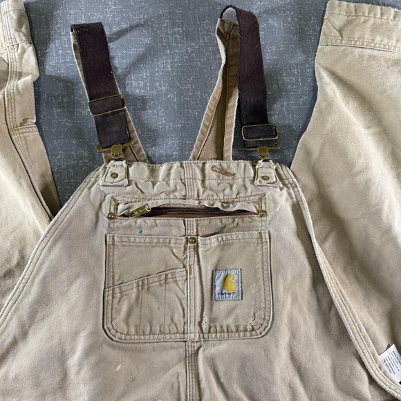 Carhartt Bib Overalls Mens 44x32 Beige Duck Canvas Carpenter Workwear R01-M - Picture 2 of 13